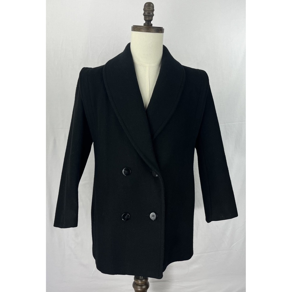 Vtg Stephanie Mathews Women Black 100% Wool Pea Coat Shawl Collar USA Made Sz 16